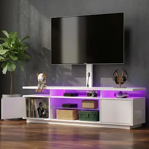 White TV Stand With Mount And Power Outlet, 51.2"/59.1" Dual Size, Swivel Height Adjustable, LED Lights & Storage, Bamboo Entertainment Center, Fits 32-70 Inch TVs