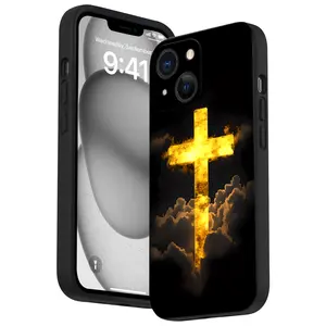 Straight Edge Dazzling Cross Over Cloud Christ Pattern Phone Case for iPhone 16 15 14 Pro Max 13 12 11 XR XS Plus Shockproof Non Slip Military-Grade Protection Silicone Cover