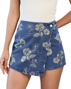 luvamia Denim Skorts for Woman Trendy Floral Print Faux Wrap Stretchy High Waisted Elasitc Waist Jean Shorts Skirt Skort