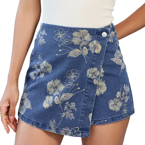 luvamia Women's High-Waisted Floral Print Stretchy Denim Skort - Cute Mock Neck Faux Wrap Bottom with Elastic Waist, Cotton Blend Fabric, Mini Length, Floral Wrap Charm, Fits Everyday Casual Wear
