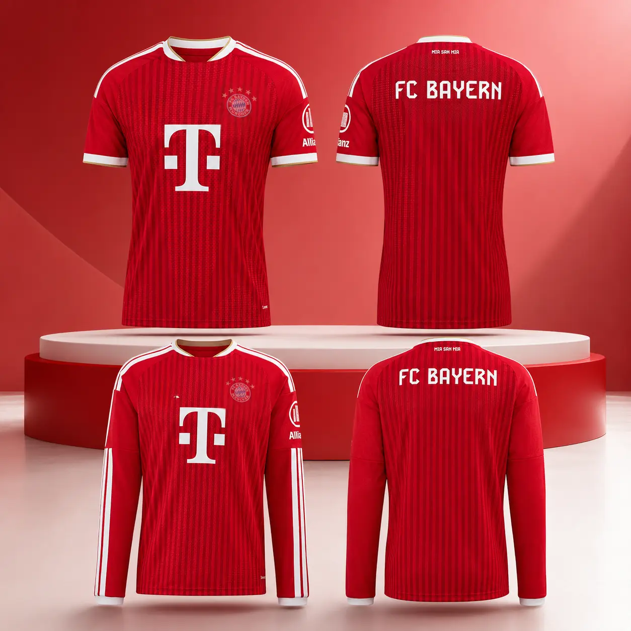 Bavarian Red 2026/27 Home Soccer Jersey, Sizes XS-5XL, Short or Long Sleeve Football Shirt with Tonal Stripes and Gold Trim, Lightweight Breathable Quick-Dry Game Day Sports Top for Men and Women, Training, Outdoor Activities and Casual Daily Outfits