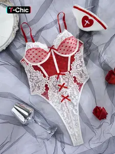 Women's Heart Embroidery Bowknot Decor Adjustable Sexy Sheer Lace Lingerie Set, Contrast Mesh Cami Bodysuit & Nurse Hat Nurse Cosplay Costume Set, Ladies Sexy Wear