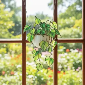 Pothos Green Plant Stained Acrylic Suncatcher, Window Garden Or Balcony Hanging Nature Style, Botanical Theme Home Art Décor