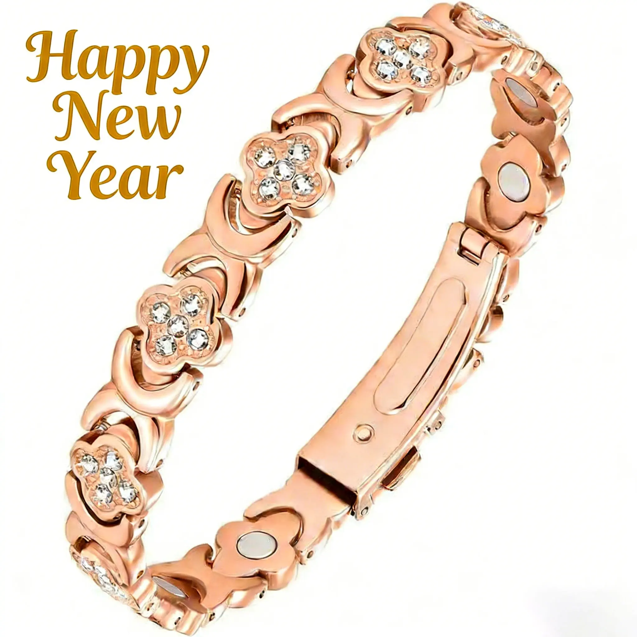 Flyzoo Female Pure Copper Magnetic Stretch Stackable Bangle - 3500 Gauss Effective Magnets, Heart Design Bracelet, Rhinestone Decorated, Fashionable Bracelet, Ideal Gift Jewelry Accessory, Rhinestone Decorated Bracelet