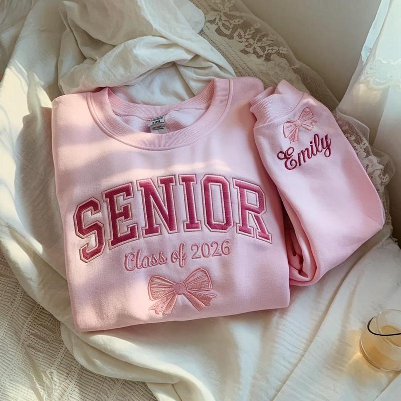 Senior Embroidered Sweatshirt Class of 2026 with Name, Custom Graduation Gift for Her, Personalized Bow Crewneck, Senior Girl Shirt