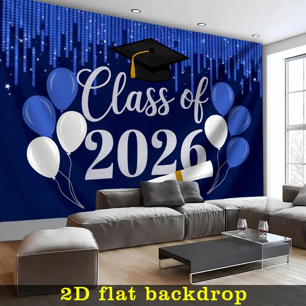 1-Piece Printed 2026 Polyester 2D Flat Graduation Banner with Blue Sequin Cap, Diploma Roll - Home & Festive Party Supplies, Photo Backdrop, Ceiling Hanging Decorations