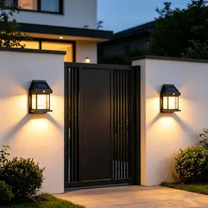 Modern Solar Powered Wall Lights Outdoor, 2 Pack Waterproof Exterior Sconces Decorative Security Lighting Fixtures for House, Wireless Dusk to Dawn Auto On Off Patio Deck Yard Fence Garage Lights