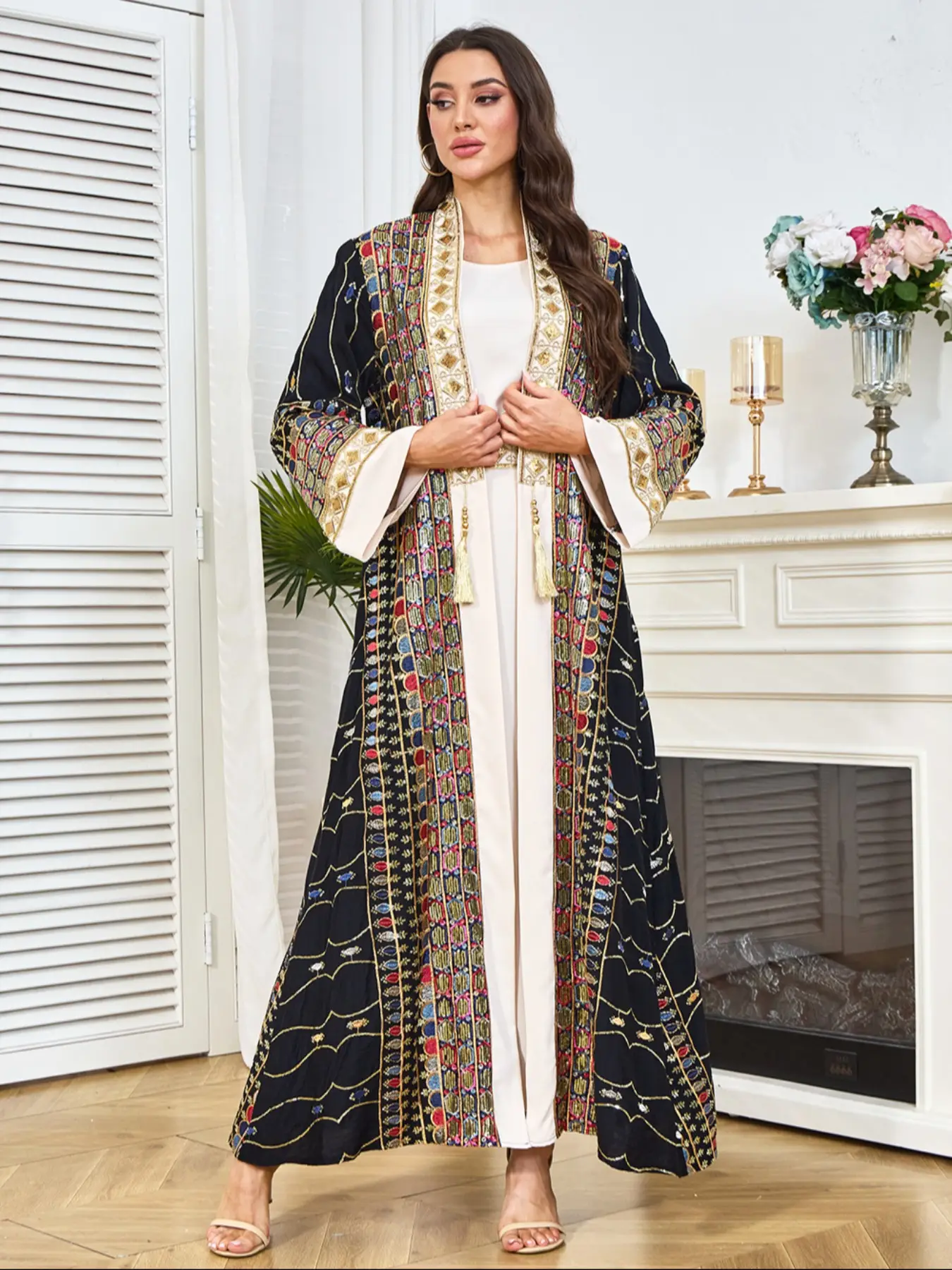 Women's Long Robe Two-Piece Set, Beaded Pendant Fashion Muslim Dress, Party Casual Evening Gown, National Clothing