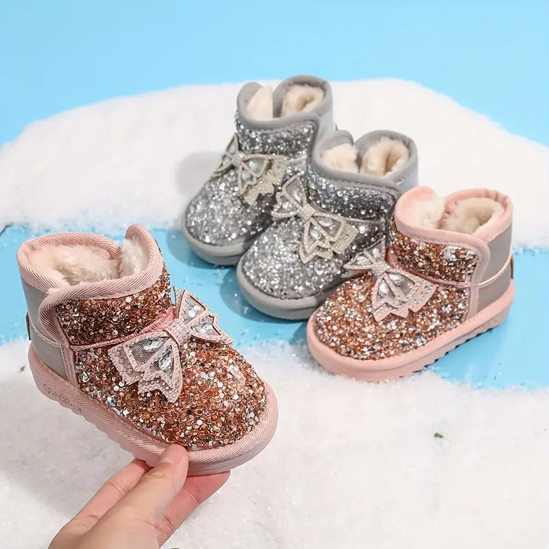Girls' Sparkling Star Glitter Princess Snow Boots - Winter Warm Thickened Non-Slip Rubber Sole, Round Toe Fabric Shoes for Toddlers & Infants First Walkers
