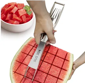 2-in-1 Stainless Steel Watermelon Cutter with Retractable Fork, Fruit & Melon Slicer Utensil for Home, Party, Camping Kitchen Gadget, Utensils