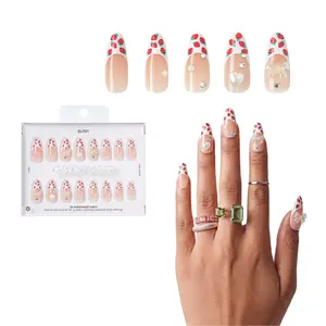 Gold Finger Glitzy 3D Press-On Nails in Promenade – Long Almond Fake Nails, Strawberry French with 3D Bows & Pearls, Luxury Glue On Nails, 28 Pc Kit
