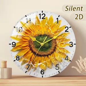 Modern Minimalist Wooden/safety Glass Wall Clock, Sunflower Pattern, Battery Driven, 7.87-13.78 Inch, Home Decor Gift