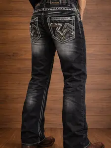 Ace of Diamond Mid Blue / Black Men Denim Embroidered Jeans