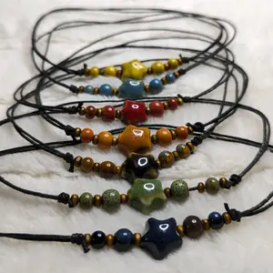 Ceramic Beaded Star Y2K Boho Hippie Whimsical Adjustable Black Rope Cord Choker Stacking Necklace