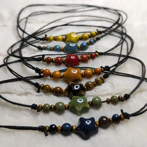 Ceramic Beaded Star Y2K Boho Hippie Whimsical Adjustable Black Rope Cord Choker Stacking Necklace