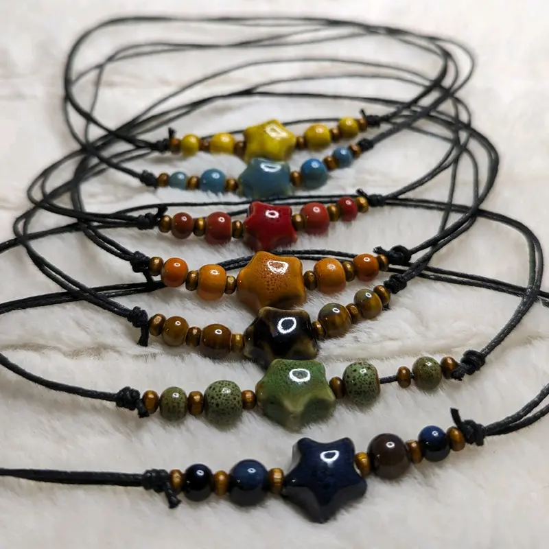 Ceramic Beaded Star Y2K Boho Hippie Whimsical Adjustable Black Rope Cord Choker Stacking Necklace