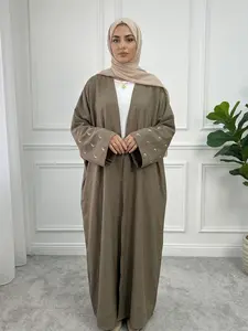 Arabic Clothing- Women's Moon Embroidery Abaya without Hijabs, Summer Outfits 2024, Modest Casual Long Sleeve Open Front Muslim Abaya, Islamic Clothing