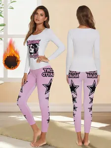 Women's Long Sleeve Star Print Thermal Underwear Set, Casual Slim-Fitting Bottoms, Fall & Winter Fashion, Comfortable Multifunctional Base Layer