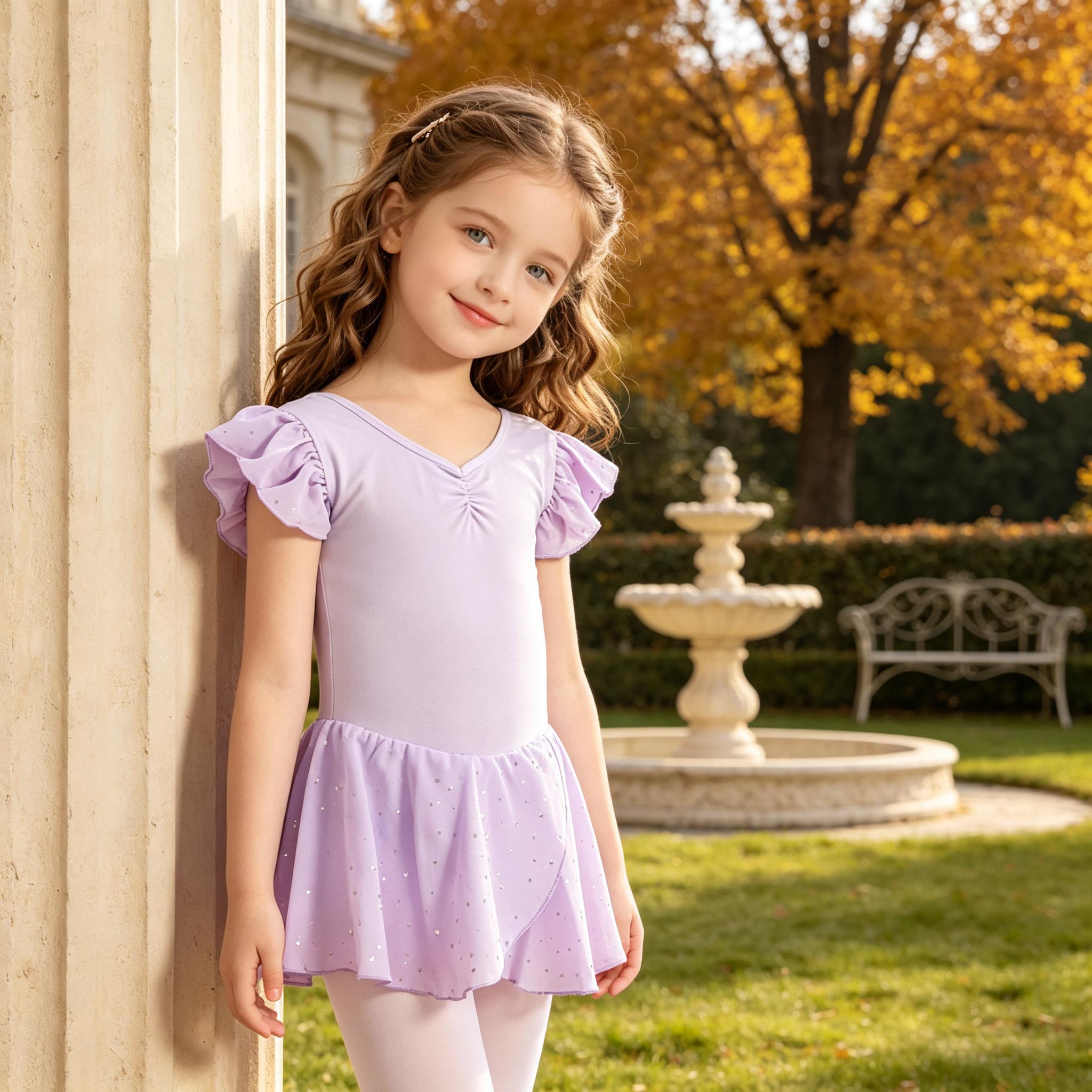 Girls Dance Leotard Dress, Flutter Ruffle Short Sleeve Sparkly Tulle Skirt, Soft Stretchy Fabric Ballet Dance Wear For Ballet Class, Recital Show, Party Costume, Daily Casual Outfit