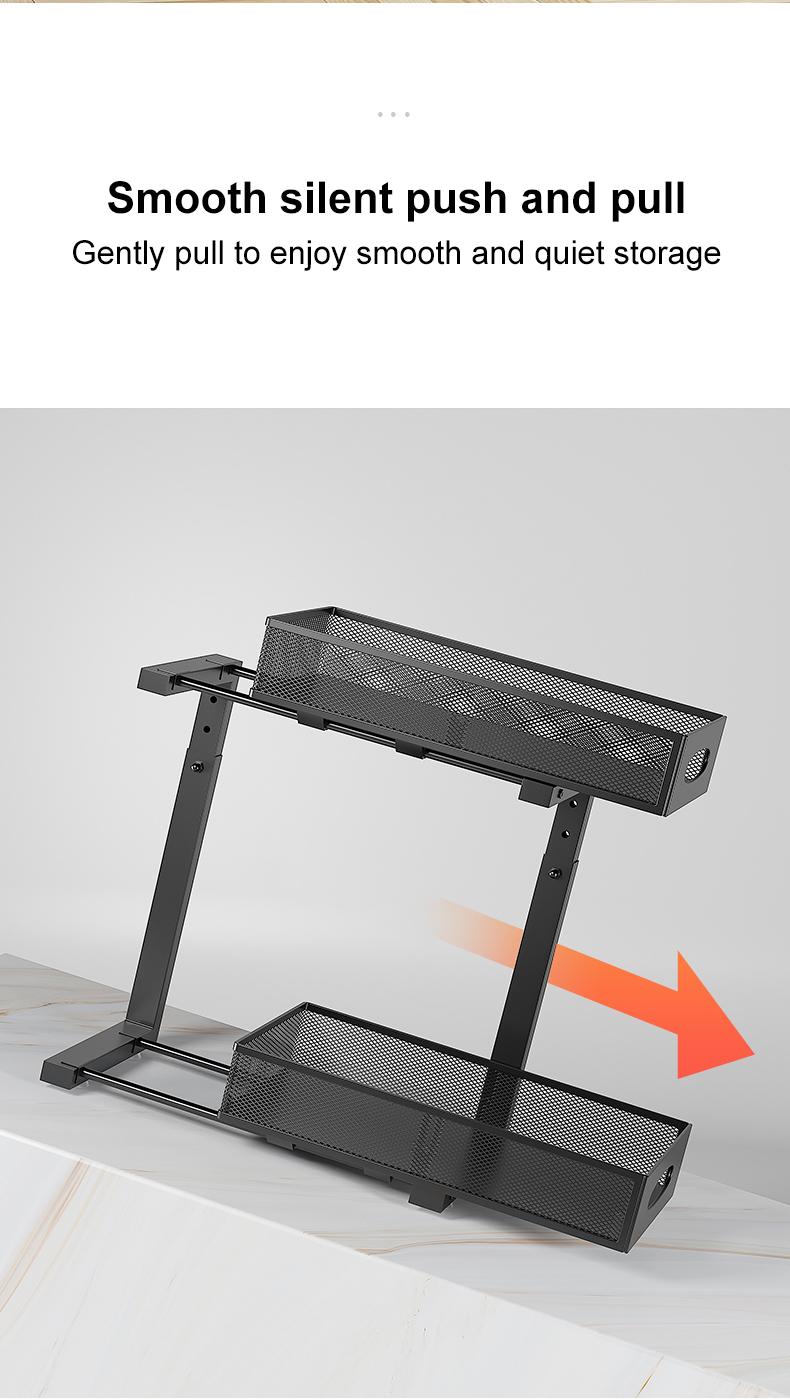 2 Pack Under Sink Organizer,Adjustable Height,2 Tier Pull Out Under Cabinet Organizer,Slide Out Thickened Metal Under Sink Storage for Kitchen Bathroom Laundry Cabinet Pantry,White,black Shelf Rack Racks