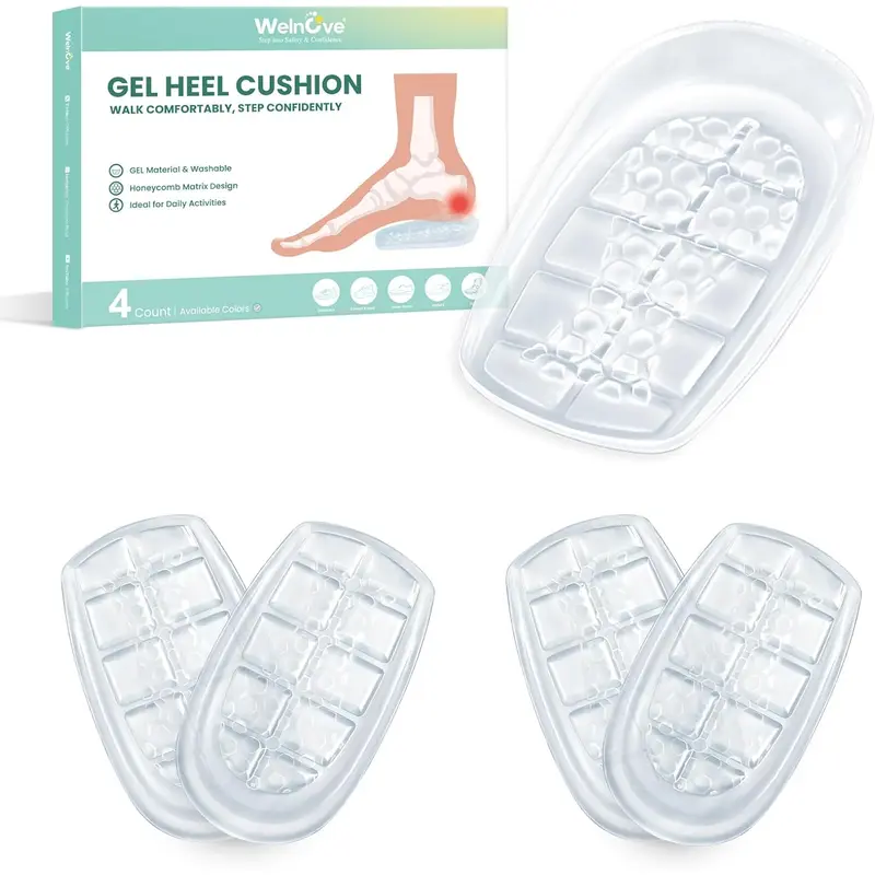 Gel Heel Cups for Plantar Fasciitis - Welnove 2 Pairs (4 Pcs) Honeycomb Matrix Heel Pads for Achilles Tendonitis, Washable Heel Inserts for Heel Pain Relief, Shoe Lift Support for Men & Women Size L
