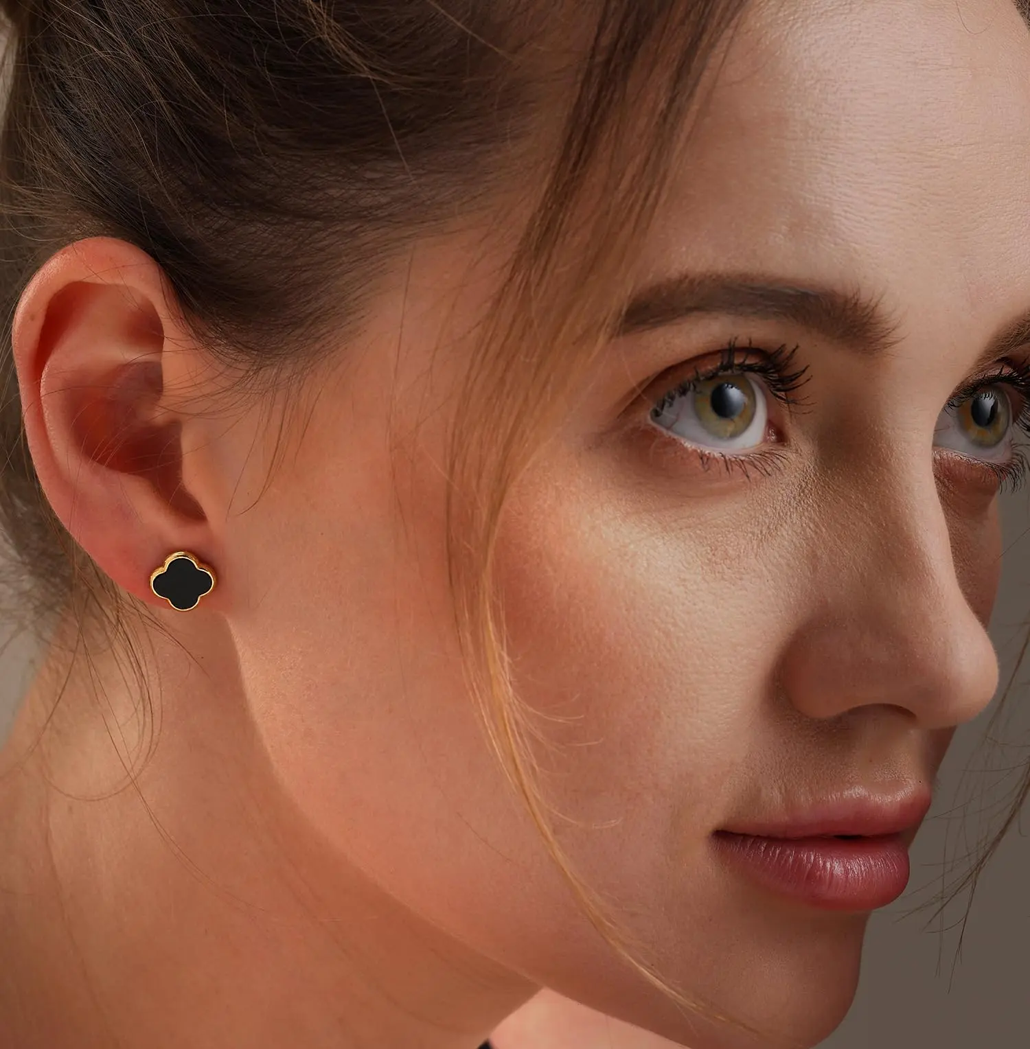 LeCalla 925 Sterling Silver Clover Stud Earrings for Women - 14K Gold Plated Jewelry | Black Mother of Pearl Four Leaf Clover Earring for Gift Studded Black and Gold Earrings - 12mm