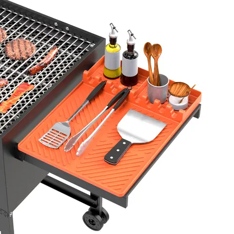 Silicone Grill Mat, 1 Count Silicone Griddle Tool Mat with Drip Pad, Non-slip Spatula Mat for Outdoor Grill Kitchen Counter Spoon Utensils Tongs