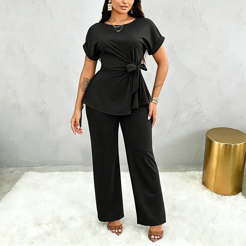 Women's 2-Piece Silky Polyester Business Suit Set - Short Sleeve Peplum Pullover Top, Adjustable Fit Flared Pants, Polyester Fabric for Birthday Occasions
