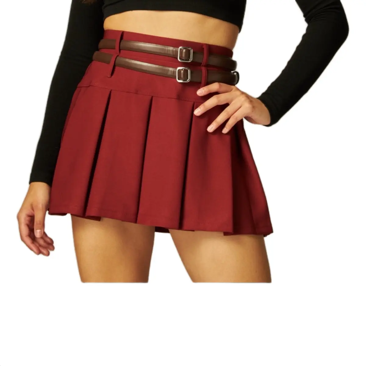 1010-Scuba Double Belted Pleated Mini Skirt. Womenswear Chic Casual