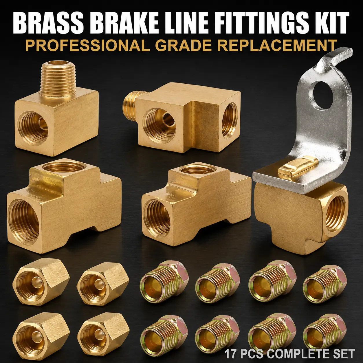 Brass Brake Line Fittings Kit, 3/16"or1/4"or5/16"or3/8"Tube 3/8-24 or 7/16-24 Threads Brake Nuts with Brake Tee Connectors, Heavy Duty Leak-Proof Universal Brake Hardware Set for Automotive Car Truck SUV Brake Line Repair & Replacement