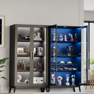 Glass Display Cabinet with RGB LED Lights – 4-Tier Curio Storage Case, Glass Doors, Human Body detector, USB Charging – Display for Collectibles, Toys, Books – Corner or Living Room Use