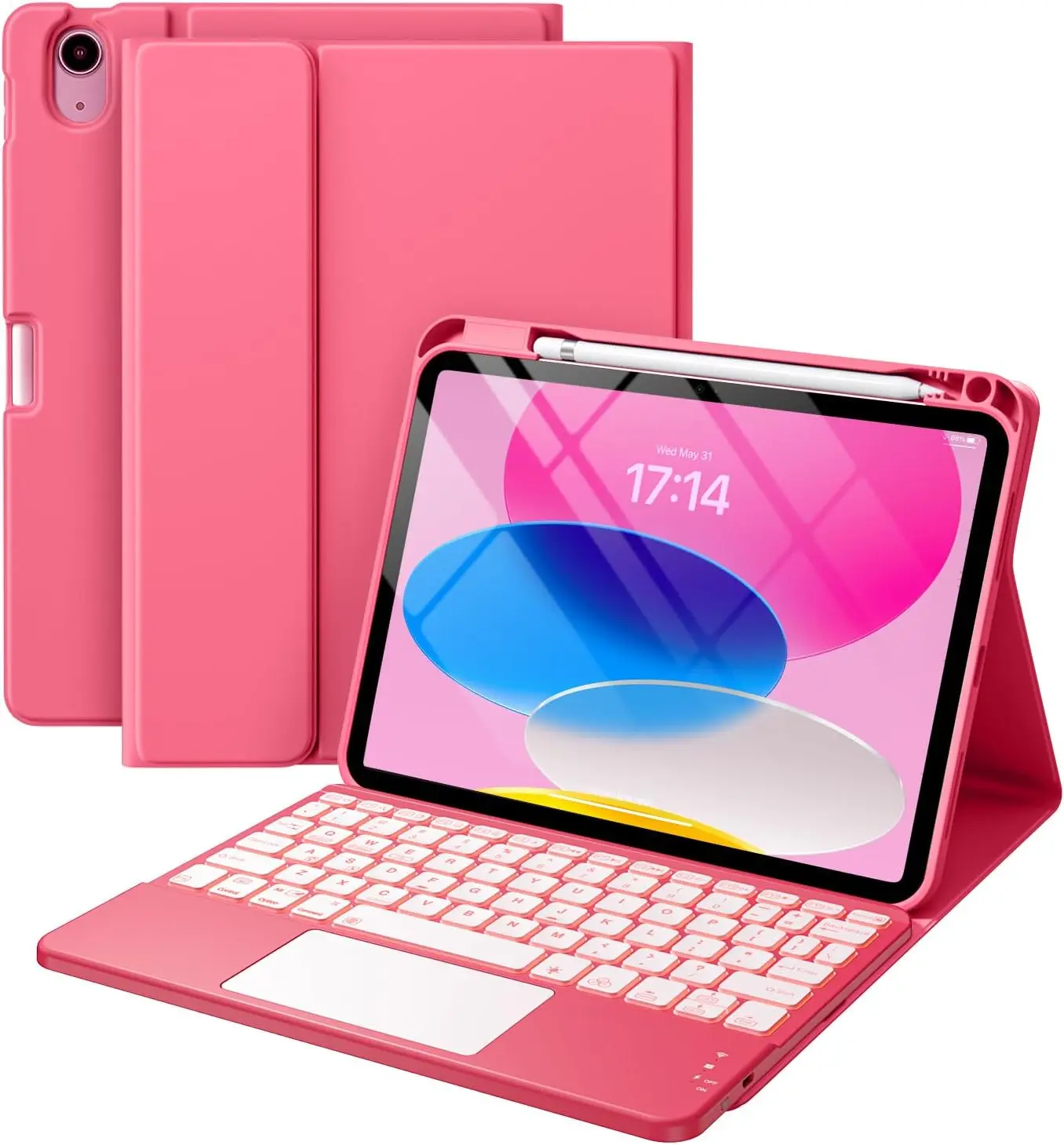 Magnetic Tablet Folio Case with Detachable Keyboard for iPad 11th/10th Gen (A16, 11in), Multi-Touch Trackpad, 7-Color Backlit, Pencil Holder, Pink