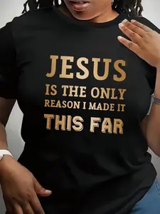 Plus Size, Plus Size Women's Basic Christian Faith T-Shirt- "This Is the Only Reason I Got This Far" Print- Religious Clothing- Opaque Fabric- All-Season Daily and Special Occasion Church Wear- Washable Women's Shirt, Faith