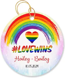 Personalized #Lovewins Rainbow Christmas Ornament Custom Names/Date, Hashtag Lovewins Lesbian Gay Pride LGBT Ornaments Xmas 2024, Couple LGBT Rainbow Ornament Gifts for Family Newlywed Gay Lesbian, #Lovewins Rainbow Ornament