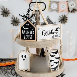 Halloween Decorations | 6PCS Halloween Tiered Tray Decor | Bat Coffin, Haunted House, Ghost, Witches, October 31 Sign, Bead Garland