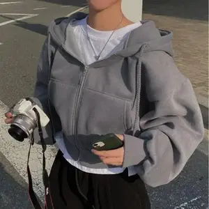 Autumn Winter New Insfleece-lined Versatile Cropped Slims Smooths Silhouette Zip-up Warm Navy Blue Hooded Sweatshirt Women Tops Clothes