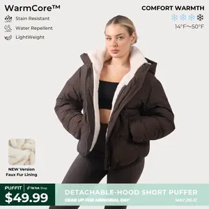 【Last Sale】PUFFIT WarmCore Premium Short Puffer Jackets with Removable Hood & Optional Faux Fur Linging, Lady Casual Outerwear Longsleeves Zip Pockets Warm Quilted Coat