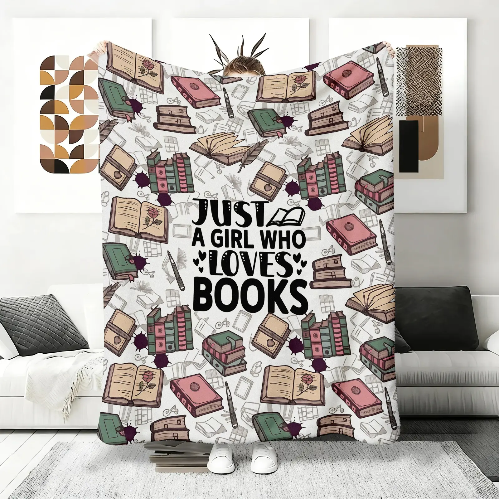 Just a Bookworm’ Flannel Blankets, Vintage Book Lover Gift, Whimsical Floral Book Print Fleece Throw, Soft Reading Nook Blanket for Women Men, Cozy Library Decor  ,mellow blanket,  bedding ,plush blankets,father son blanket wrap