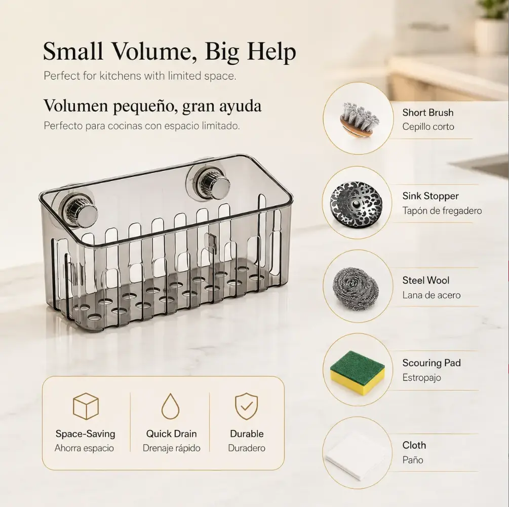 Premium Acrylic Kitchen Sink Caddy - Compact, Functional No-Drill Suction Cup Sponge Holder, Quick-Drain Sink Storage Organizer Rack with Smooth Surface