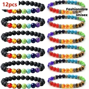 12pcs Set 8mm Natural Stone Bracelets Suitable for Both Men And Women, Featuring Multi-Color Natural Stones And A Unisex Beaded Bracelet, Suitable for Both Genders. A Simple And Fashionable Gift for Festivals