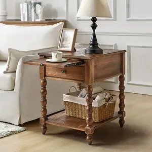 Hulala Ira 26" Tall Farmhouse Solid Wood End Table with Built-in Charging Outlets, Computer Tray and Extendable Tray, Built-in Charging Outlets, Traditional and Farmhouse Style, Solid Wood Construction, Versatile Functionality