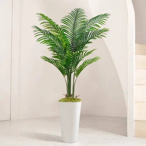 VITALISMO 5ft Plastic Palm Artificial Plant with Tall White Planter - 12 Realistic Shape Branches, Decorative Fruit Ornaments, Fake Tropical Floor House Decor for Room Accessories, Kitchen