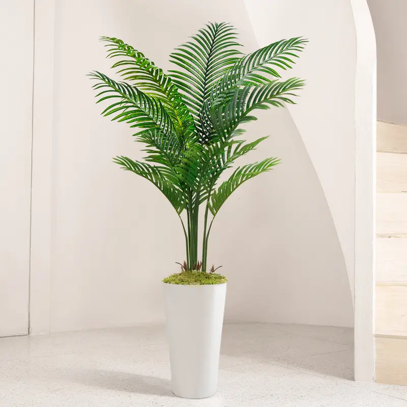 VITALISMO 5ft Plastic Palm Artificial Plant with Tall White Planter - 12 Realistic Shape Branches, Decorative Fruit Ornaments, Fake Tropical Floor House Decor for Room Accessories, Kitchen