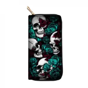 Black Skull Wallet Blue Floral Design Goth