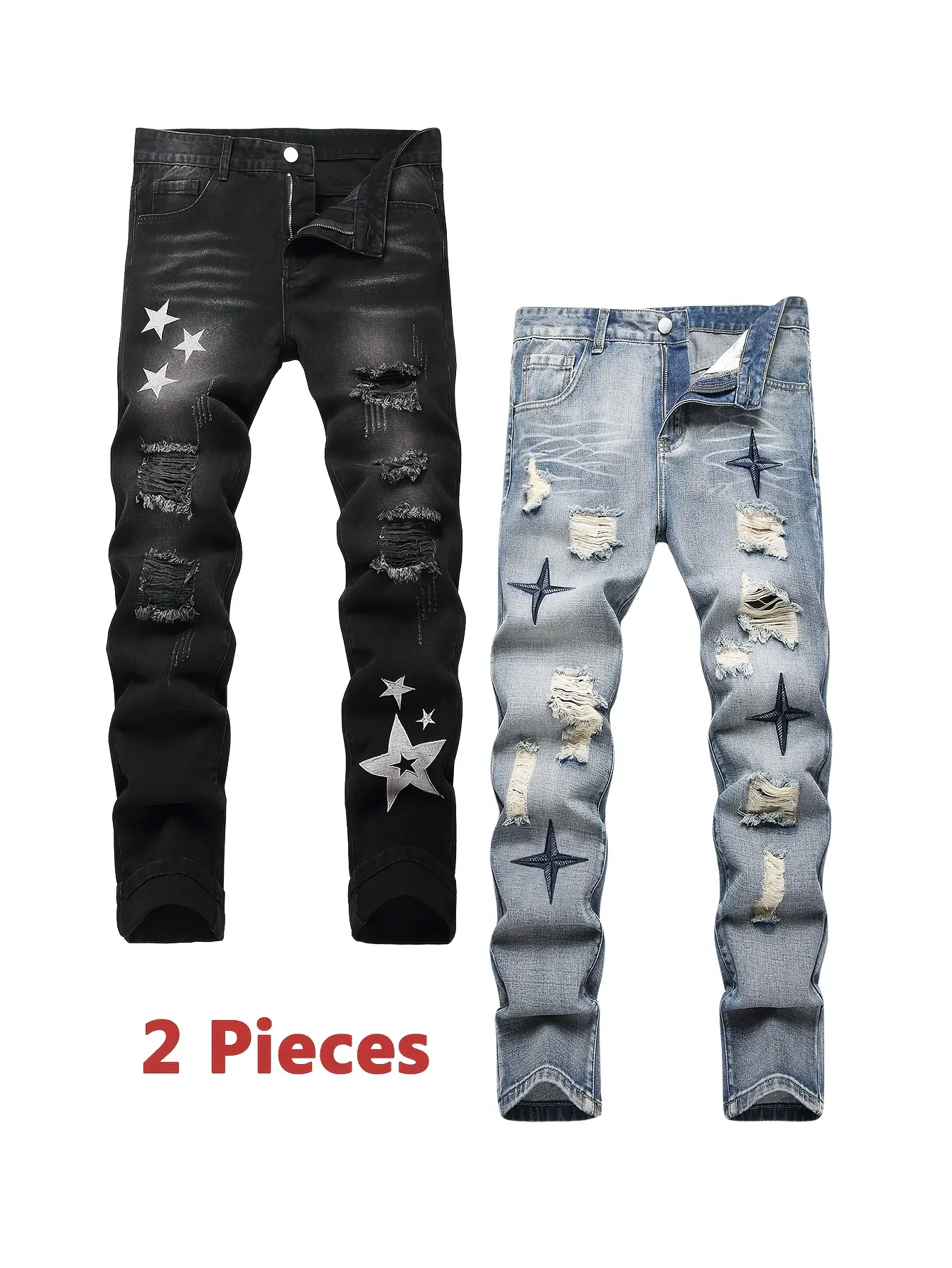 2 Pieces Jeans For Men Streetwear Casual Trousers Men's Pants Denim Pants Y2k Slim Fit Straight Leg Autumn Men's Jeans Black And Blue Dark Wash Flare Beige