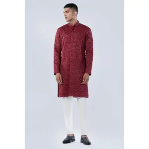 Maroon threadwork front opening kurta