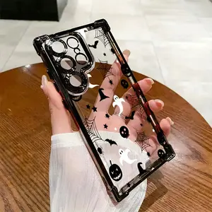 Black Pumpkin White Phone Case Suitable for Samsung Galaxy S25, S24, S23, S22, S21 FE Ultra Plus 4G/5G Anti-Drop Transparent Soft Back Cover, Animal Phone Case, Glow In The Dark Phone Case, Phone Cover Cute, Rectangle Phone Case