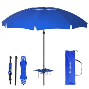 HOMEDEMO 7FT Portable Folding Beach Umbrella with Built-in Table & Hanging Hook, Quick Fold Design, Lightweight Carry Bag Included, for On-the-Go Sun Protection at Outdoor Events