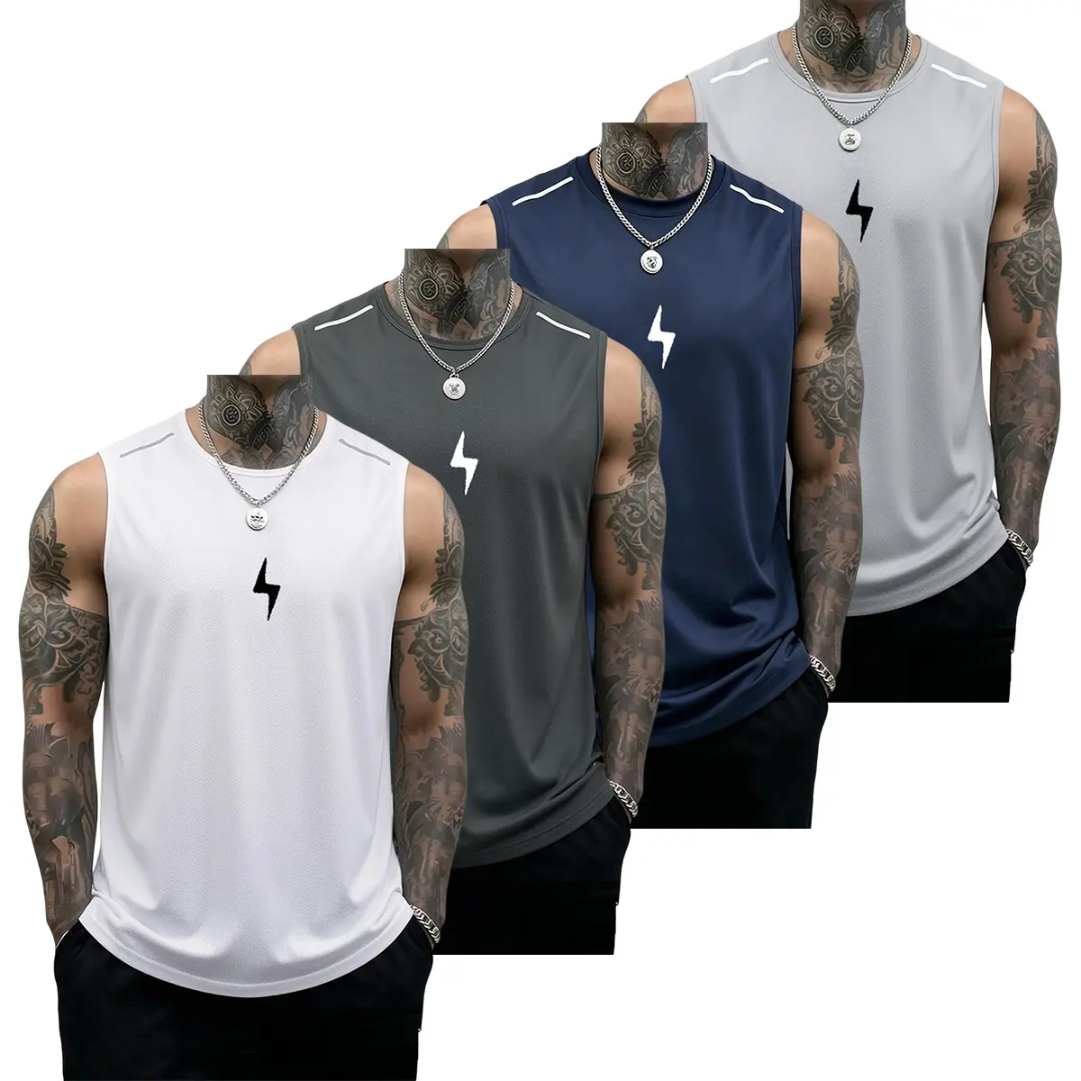 4-pack men’s breathable, lightweight sleeveless athletic tank tops with a loose fit; quick-drying crewneck sleeveless shirts—men’s casual wear for gym training and workouts