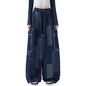 Bakyarder Patchwork Cargo Pants for Women Wide Leg High Waisted Elastic Waist Unisex Y2k Plaid Checkered Pants